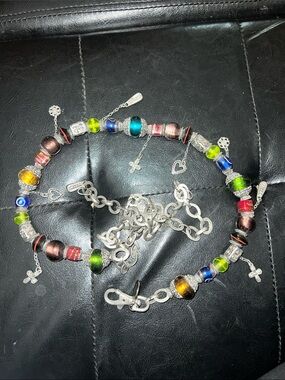 Chico's Multicolor Beaded Charm Belt with Silver Accents